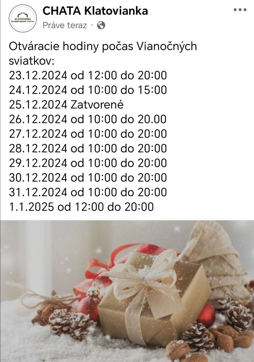 CHATA Klatovianka – Vianočné otváracie hodiny 🎄