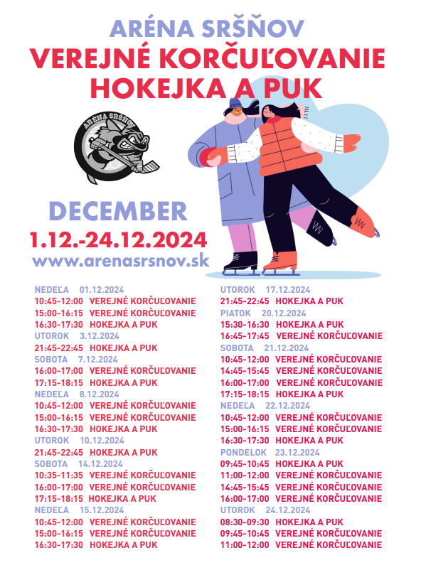 Aréna Sršňov : 🏒⛸‼️ VEREJNÉ KORČUĽOVANIE + HOKEJKA A PUK DECEMBER ‼️